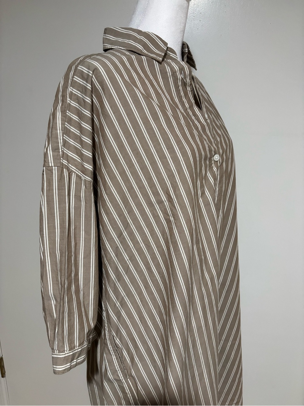Muji Organic cotton Striped Collared Shirt Dress in Taupe and White - Picture 3 of 6